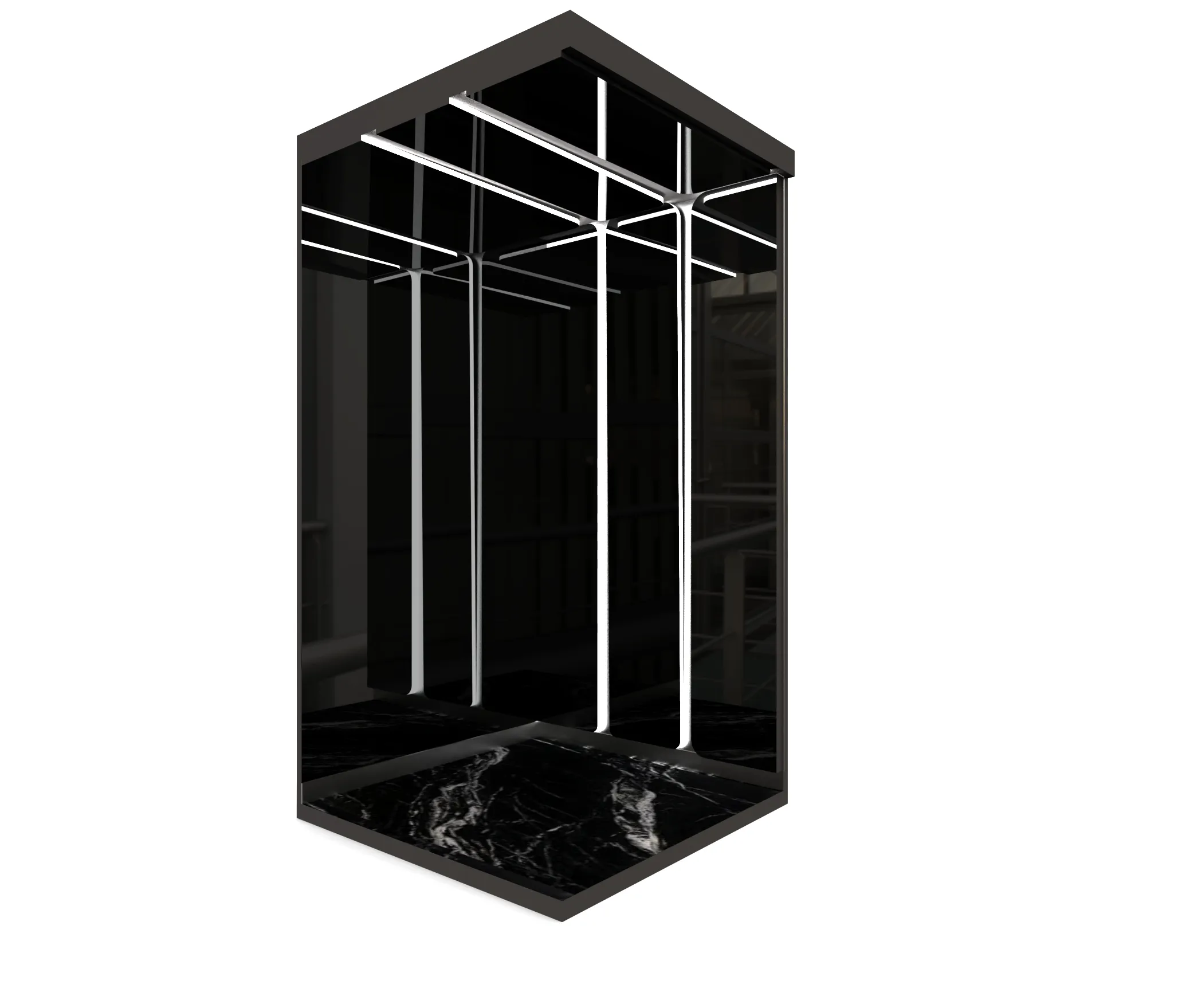 نمای سقف کابین – Black Mirror Stainless Steel با نورپردازی Spot Light برای جلوه‌ای مدرن.